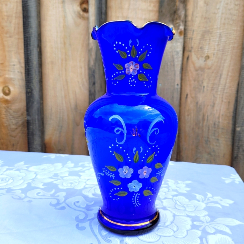 Vase Vintage Hand Painted Blue Glass Hand Blown